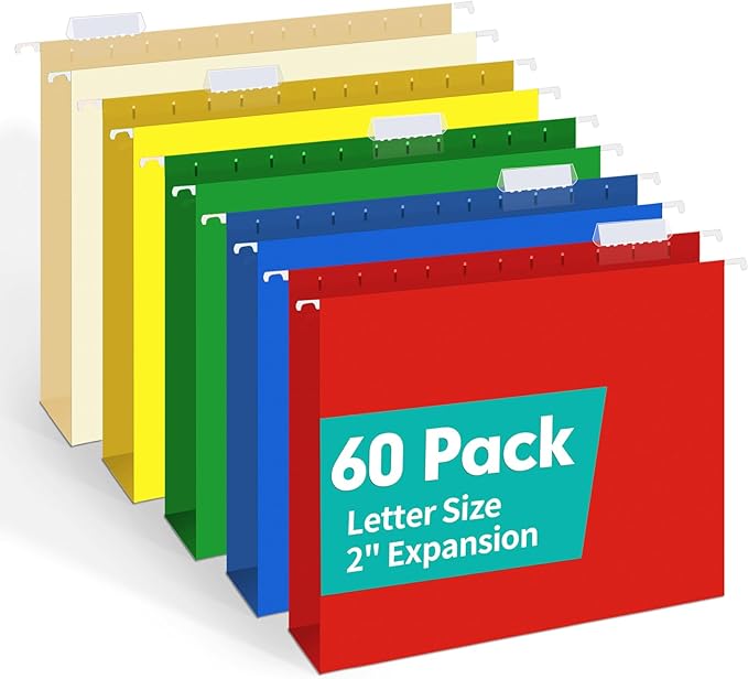 HERKKA Extra Capacity Hanging File Folders, 60 Pack Reinforced Letter Size Hanging Folders with Heavy Duty 2 Inch Expansion, Designed for Bulky Files, Medical Charts, Adjustable Tabs, Assorted Colors-DeskLoop Office