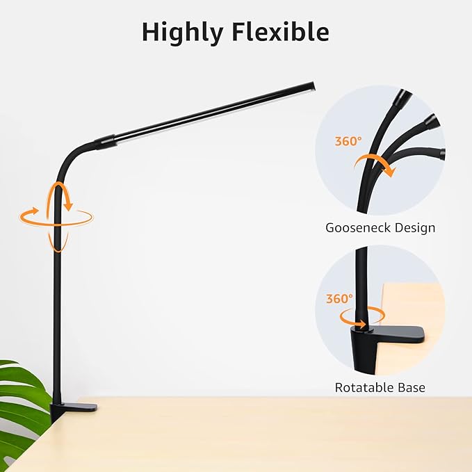 Lepro Clip on Desk Lamp LED Reading light Dimmable USB Small Clamp Lamp with 3 Color Modes 10 Brightness, Adjustable Flexible Gooseneck Table Light for Bed Headboard, Nail, Home Office,Computer(Black)-DeskLoop Office