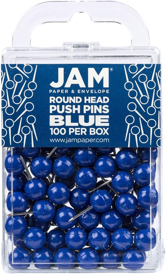 JAM PAPER Colorful Push Pins - Round Head Map Thumb Tacks - Blue Pushpins - 100/Pack-DeskLoop Office