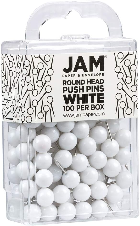 JAM PAPER Colorful Push Pins - Round Head Map Thumb Tacks - White Pushpins - 100/Pack-DeskLoop Office