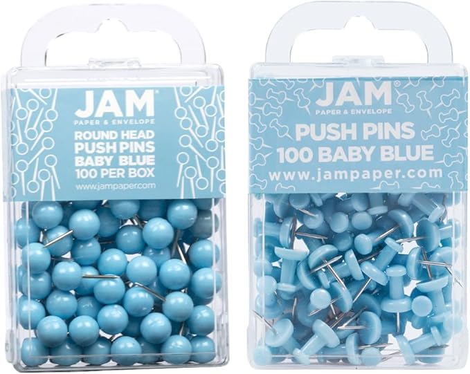 JAM PAPER Colorful Push Pins - Flat & Round Head Thumb Tack Combo Set - Baby Blue Pushpins - 200/Pack-DeskLoop Office
