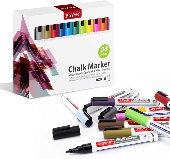 ZEYAR Liquid Chalk Marker-Wet Erase Marker, 24 Colors, 1.2mm Fine Tip for Detailed Drawing, Writes on Nonporous Chalkboards, Bistro Boards, Windows, Plastic and more (24 Colors)-DeskLoop Office