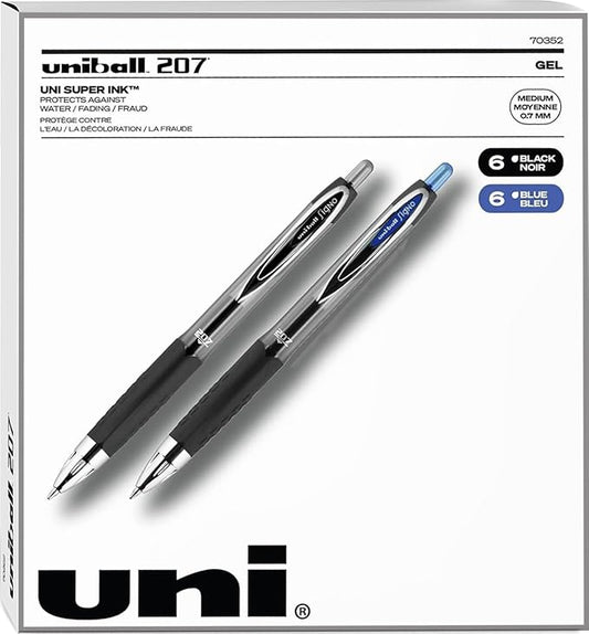 Uniball Signo 207, Retractable Gel Pens, 0.7mm Medium Point, 12 Pack; 6 Black & 6 Blue-DeskLoop Office