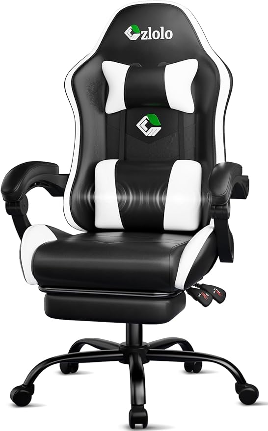 Gaming Chair, Ergonomic Office Computer Chair with Footrest and Lumbar Support Massager Racing Style High Back Video Gamer Chair, Wide&Thick Cushion, 90°-135° Recline, Adjustable Height, White-DeskLoop Office