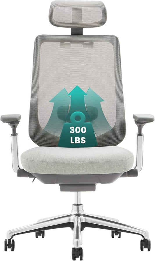 COLAMY Ergonomic Mesh Office Chair, High Back Computer Executive Desk Chair with Adjustable Headrest and 4D Arms, Slide Seat, Tilt Lock-Light Grey-DeskLoop Office