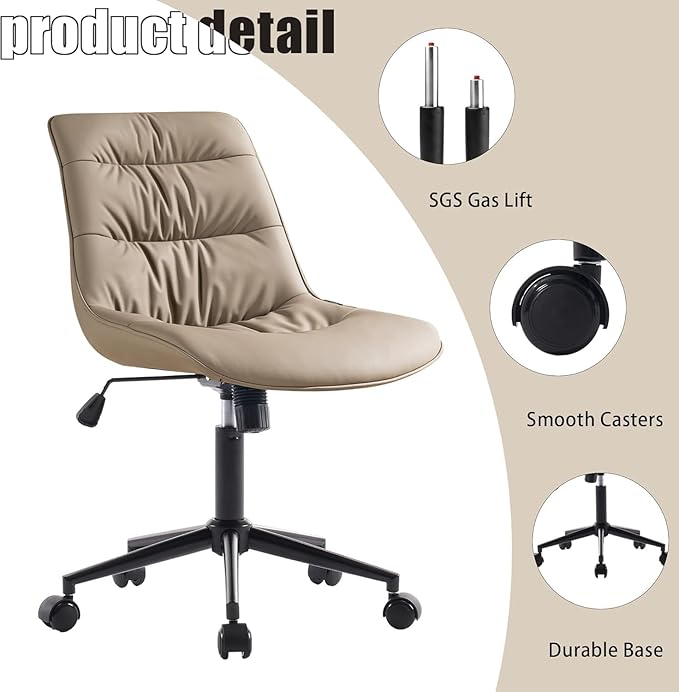 Kidol & Shellder Faux Leather Office Chair, Adjustable Swivel Height Task Chair, Rolling Wheels & Soft Backrest - Armless Ergonomic Desk Chair for Home, Office,Vanity,Gaming(Khaki)-DeskLoop Office
