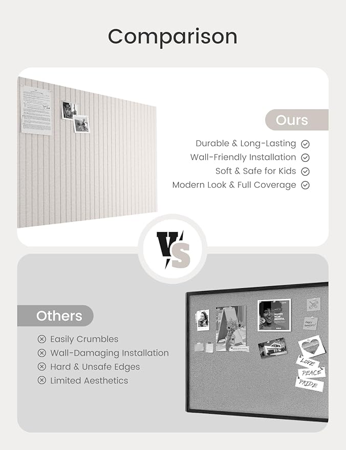 Bumusty Large Cork Board Alternative-47 x35 Felt Bulletin Board Tiles, with 30 Pushpins, 70 Adhesive Tabs, 12-Pack Slat Wall Paneling, Cork Boards for Office Push Pin Board Felt Board-Oatmeal-DeskLoop Office