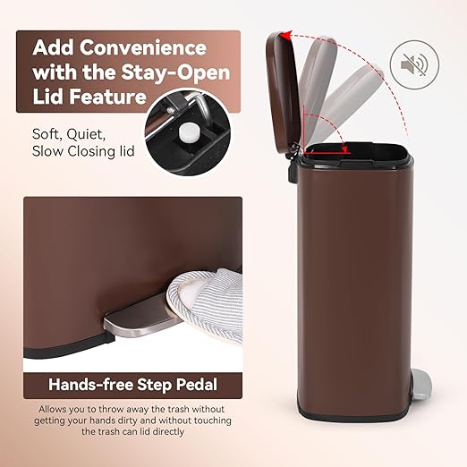 PayLessHere Stainless Steel Trash Can with Lid - Removable Inner Bucket, Foot Pedal Soft Close for Office, Home, Kitchen Garbage Bin (Brown, 13 G)-DeskLoop Office
