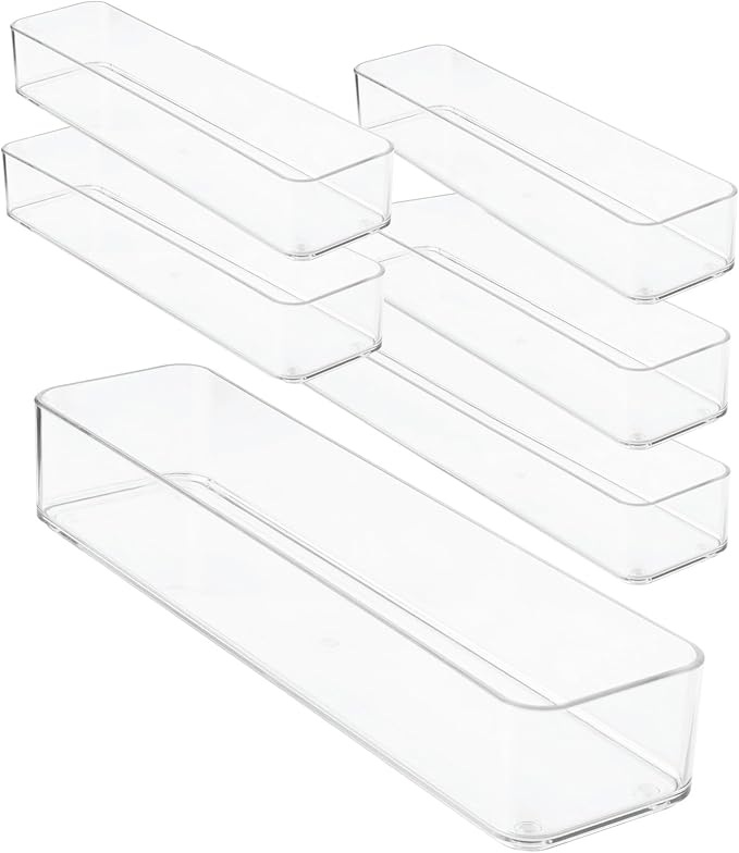 Plastic Clear Drawer Organizers. Bathroom, Kitchen, Bedroom, Gadgets, Office Organizer Bins, Storage Trays. Heavy Duty, Stackable. 12" x 3" x 2" Set of 6-DeskLoop Office