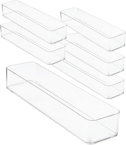 Plastic Clear Drawer Organizers. Bathroom, Kitchen, Bedroom, Gadgets, Office Organizer Bins, Storage Trays. Heavy Duty, Stackable. 12" x 3" x 2" Set of 6-DeskLoop Office