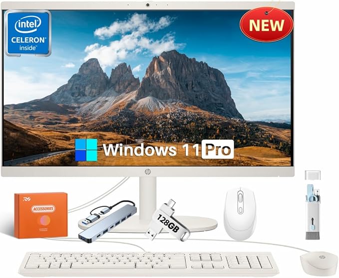 HP All in one Desktop Computer, 21.5" FHD Display, 32 GB RAM, 1 TB SSD, Intel Celeron J4025, Webcam, Intel UHD Graphics, Wi-Fi 6, Bluetooth, HDMI, Windows 11 Pro, Wired KB & Mouse, w/RH-Accessories-DeskLoop Office