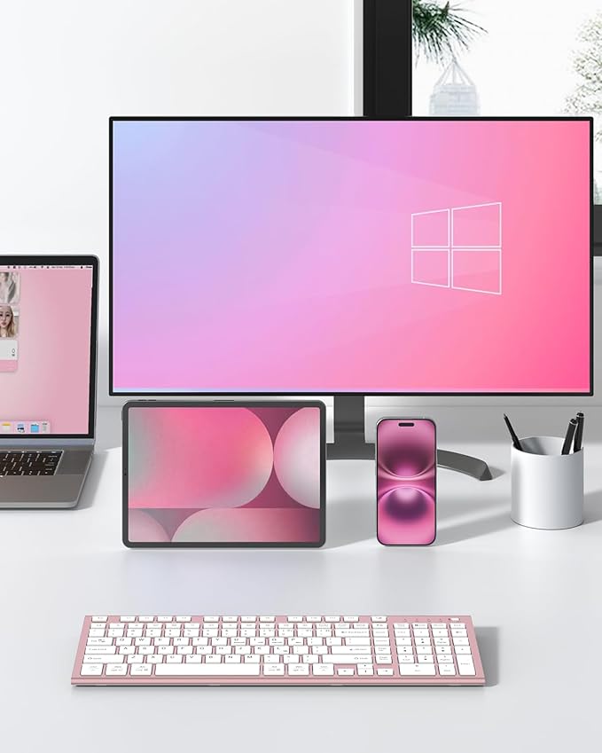 FENIFOX Wireless Keyboard, Bluetooth + USB Ergonomic Silent Quiet Rechargeable with Number Pad Cute Compact Full Size Multi Device Keyboards for iPad Tablet Mac Computer Surface PC MacBook Laptop Pink-DeskLoop Office