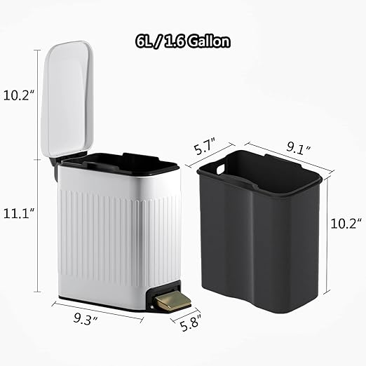 Small Bathroom Trash Can with Lid Soft Close-6L/1.6 Gal Slim Step Garbage Can-Metal Pedal Wastebasket-Narrow Rectangle Garbage Container Bin for Corner Office, Bedroom, Toilet, Live Room-White-DeskLoop Office