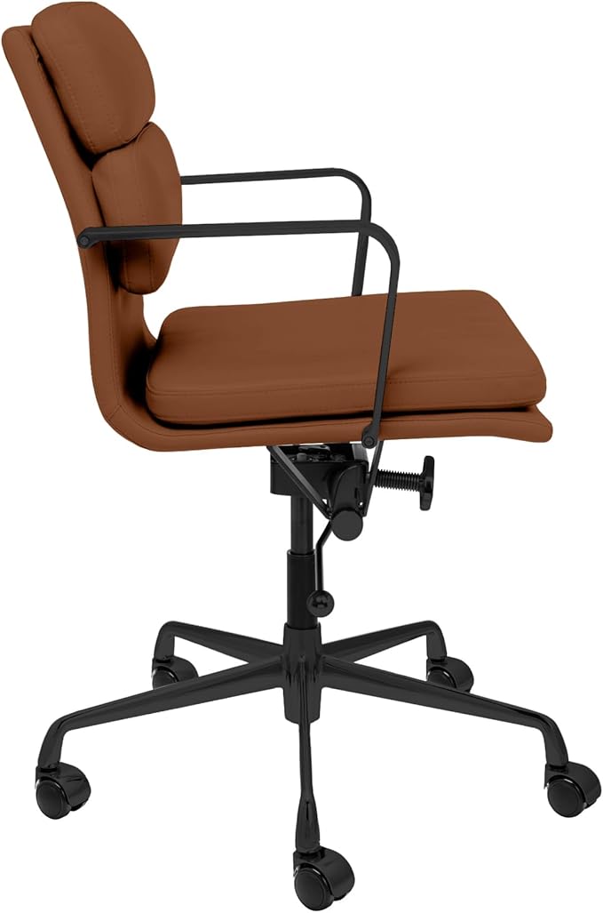 Laura Davidson Furniture SOHO II Padded Management Office Chair - Mid Back Desk Chair with Arm Rest, Swivel & Cushion Availability, Made of Faux Leather, Brown with Black Frame, Computer Chair-DeskLoop Office