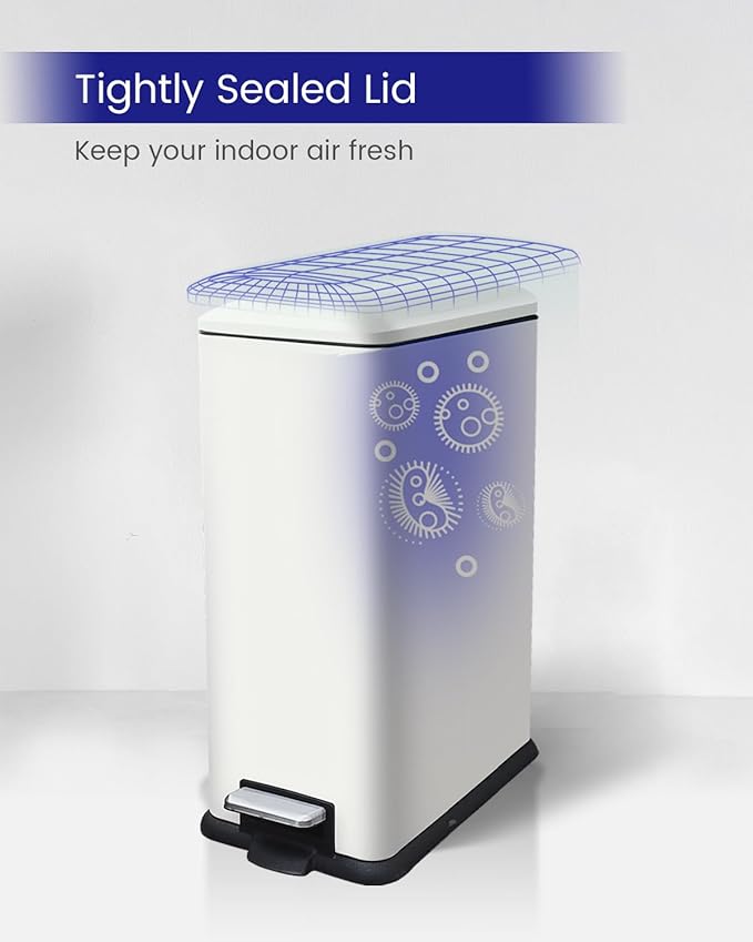Kitchen Rubbish Bin, 45 Litre Waste Bin, Large Pedal Bin, Kitchen Rubbish Bin with Softclose Lid and Inner Bin, Slim Pedal Bin for Kitchen, Bathroom and Office, White-DeskLoop Office