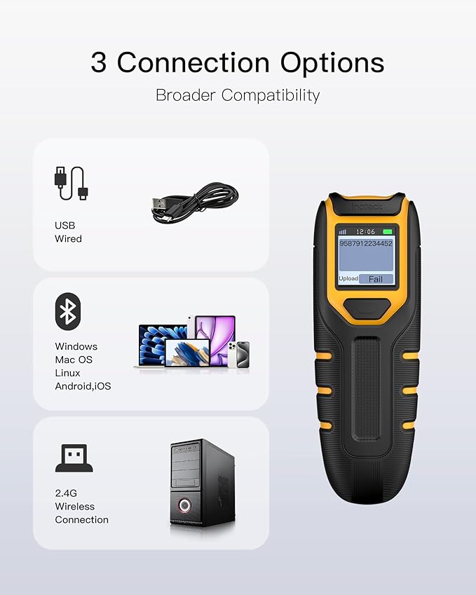 Inateck Barcode Scanner Wireless,Portable Bluetooth Barcode Scanner with Screen,1D 2D QR Code Scanner Kabellos 2.4GHz,Handscanner with APP and SDK, BCST-47-DeskLoop Office