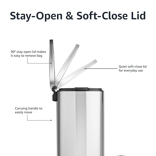 Amazon Basics Smudge Resistant Rectangular Trash Can With Soft-Close Foot Pedal, Brushed Stainless Steel, 50 Liter/13.2 Gallon, Satin Nickel Finish, 16.7"L x 14.7"W x 25.9"H-DeskLoop Office