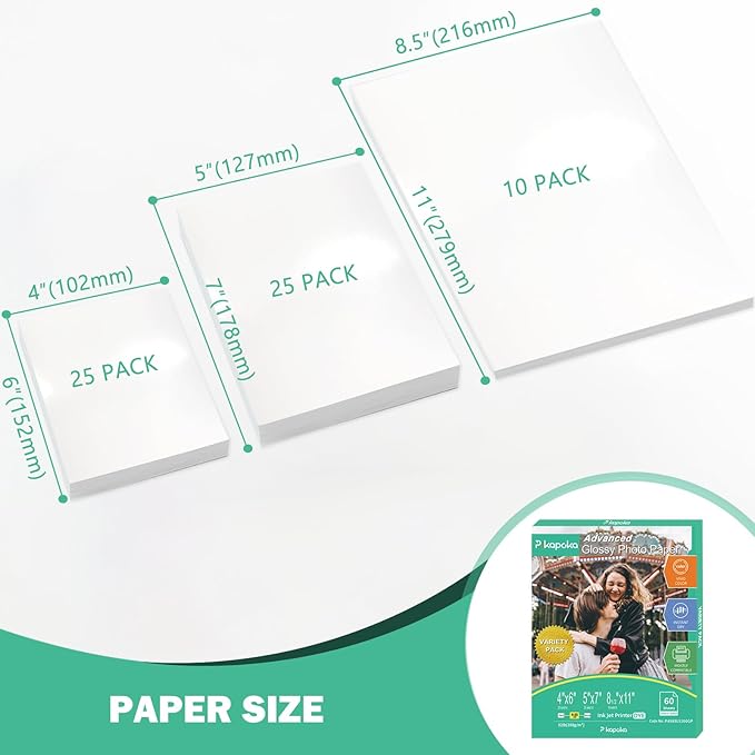 Glossy Photo Paper 4x6, 5x7, 8.5x11, 60 Variety Pack Bulk, Assorted Sizes, Inkjet printer, 52lb/200gsm-DeskLoop Office