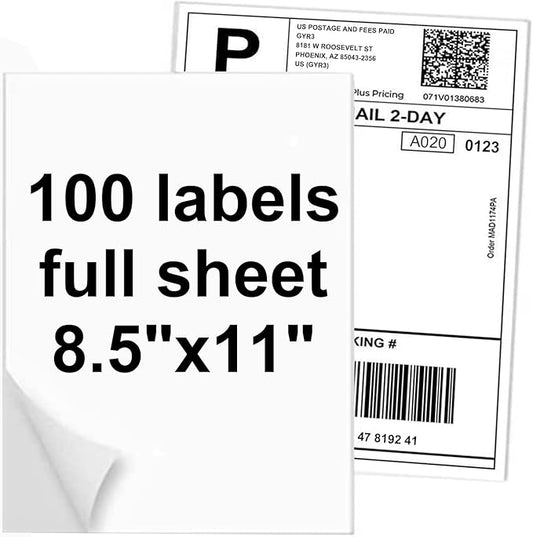100 Full Sheets Sticker Paper for Laser & Ink Jet Printers, 8.5" x 11" Full Sheet Address Shipping Label, 100 Sheets 100 Labels-DeskLoop Office