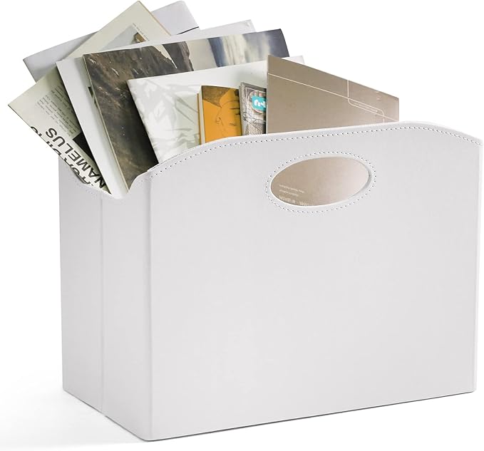 EZDeco Magazine Holder Foldable Magazine Rack Floor PU Leather File Holder Newspaper Book Storage Basket Document File Folder Organizer for Office Home (White-1)-DeskLoop Office