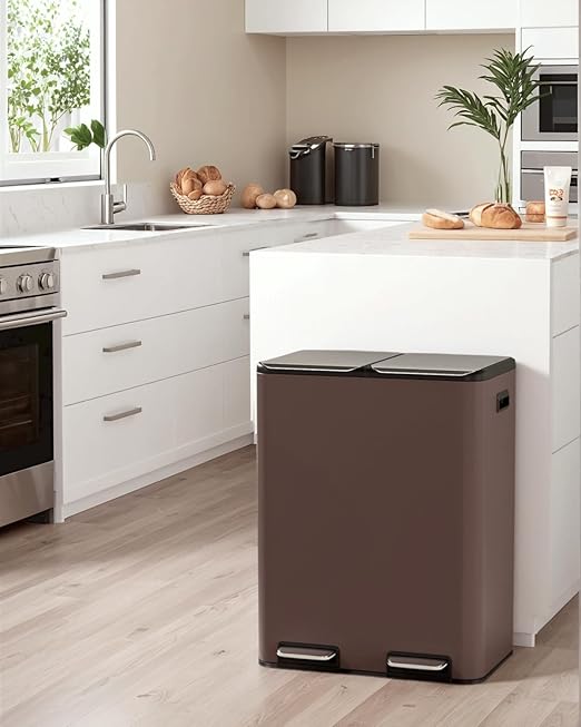 TLSUNNY Kitchen Dual Trash Can, 60L Hands-Free Stainless Steel Garbage Can, Classified Rubbish Bin with Double Compartments, Soft-Close Lid, Inner Bucket, Odor Control (60L) (Brown)-DeskLoop Office