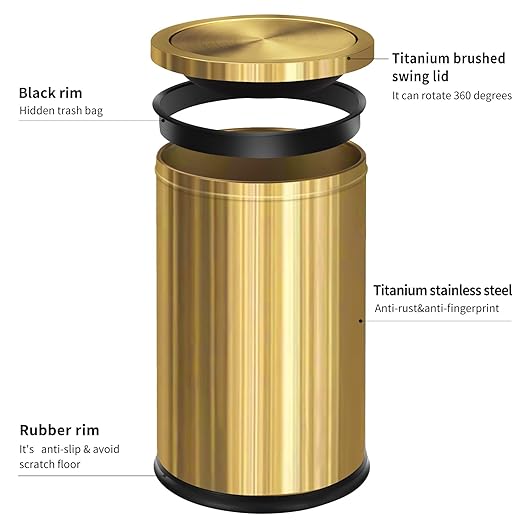 Brushed Gold Bathroom Trash Can with Swing Lid 4.7Gallon,Stainess Steel Garbage Can Trash Bin Wastebaskets for Kitchen,Office,Bedroom (Gold, 4.7 Gallon)-DeskLoop Office