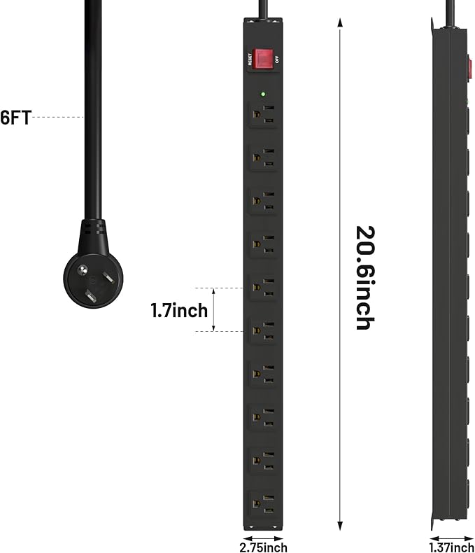 KF 10 Outlet Long Power Strip, Heavy Duty Surge Protector with 2100J, 15A/1875W Wall Mount Power Strip with Upgraded Switch, 6FT Extension Cord, Black-DeskLoop Office
