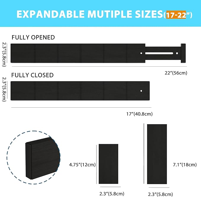 6 Pack Bamboo Drawer Dividers with 12 Inserts, Expandable Adjustable Clothes Drawer Organizers and Storage from 17" to 22" for Kitchen, Bedroom, Dresser, Cosmetics (Black)-DeskLoop Office