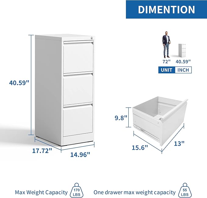 3 Drawer File Cabinet with Lock, Vertical File Cabinet with Lock, Locking File Cabinet Hanging Files for A4/ Legal/Letter,White