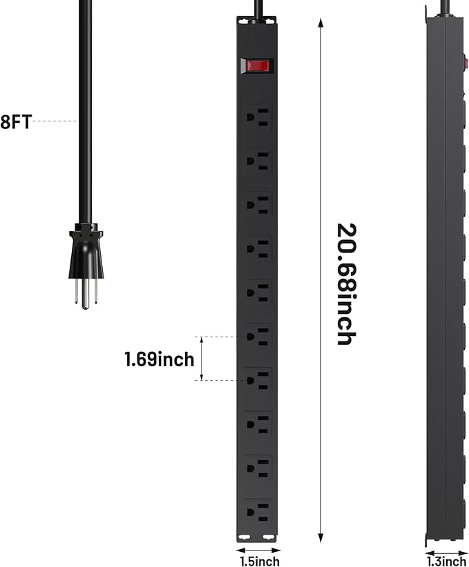 10 Outlet Metal Power Strip,8FT Long Extension Cord Heavy Duty for Kitchen,Office,School,Commercial,Workshop,Industrial,ETL Certified and Listed Socket,1825W/125V/15A,Black(8FT)-DeskLoop Office