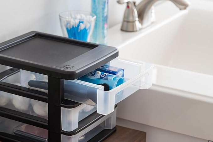 IRIS USA Plastic Stacking Desk Top 3-Drawer Storage Organizer, 2-Pack, for Makeup Vanity Nail Polish Bathroom Stationery Art Craft Supplies Kitchen Office Garage and Small Organization, Small, Black-DeskLoop Office