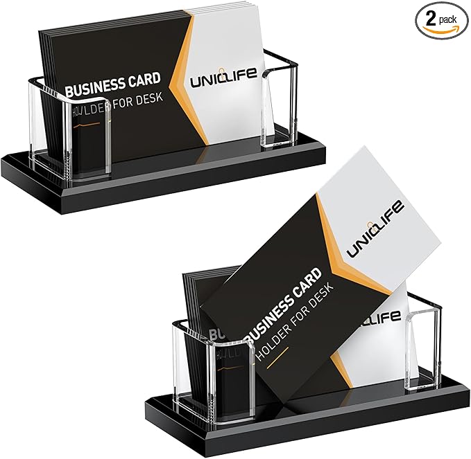 Uniclife 2 Pack Acrylic Business Card Holder for Desk 1 Slot Clear Horizontal Business Card Stand for Men & Women Desktop Name Card Display Stand Card Organizer for Office Exhibition, 60 Card Capacity-DeskLoop Office