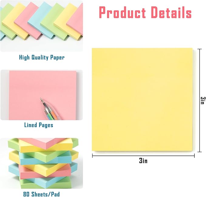 HappyHapi Sticky Notes 3x3 Inches Bulk 36 Pack 3600 Sheets Colored Self-Stick Pads, 100 Sheets/Pad, 4 Bright Colors (Yellow, Green, Pink, Blue) for Office Supplies, School, Home-DeskLoop Office