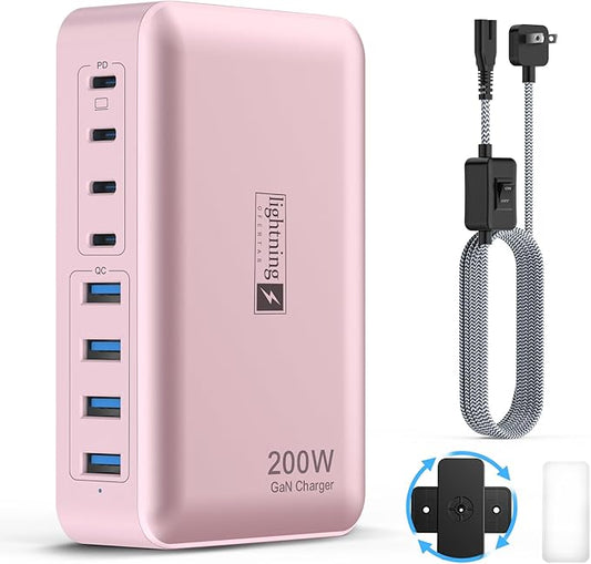 8-Port USB C Fast Charger Block 200W with Flat Plug, Braided Power Cord, and On/Off Switch- USB Charging Hub for iPhone, iPad, MacBook and More- 65W C Port Power Adapter for Laptops-DeskLoop Office