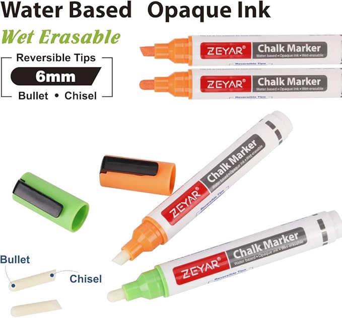 ZEYAR Liquid Chalk Marker-Wet Erase Marker, 6mm Reversible Tip-Bullet or Chisel, 8 Colors, Large Capacity, Writes on Nonporous Chalkboards, Bistro Boards, Windows and Plastic (8 Basic Colors)-DeskLoop Office