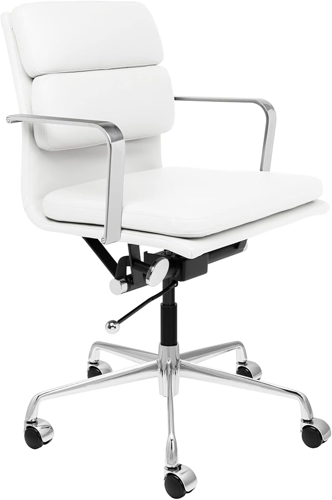 Laura Davidson Furniture SOHO II Padded Management Office Chair - Mid Back Desk Chair with Arm Rest, Swivel & Cushion Availability, Made of Faux Leather, White, Computer Chair-DeskLoop Office