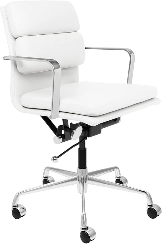 Laura Davidson Furniture SOHO II Padded Management Office Chair - Mid Back Desk Chair with Arm Rest, Swivel & Cushion Availability, Made of Faux Leather, White, Computer Chair-DeskLoop Office