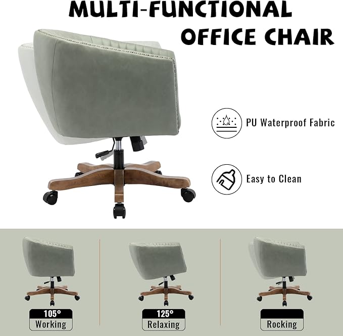 Green Faux Leather Home Office Desk Chair, Upholstered Barrel Swivel Adjustable Arm Desk Chair with Nailheads, Comfy Mid-Back Study Chair with Silent Wheel for Study Office Computer-DeskLoop Office