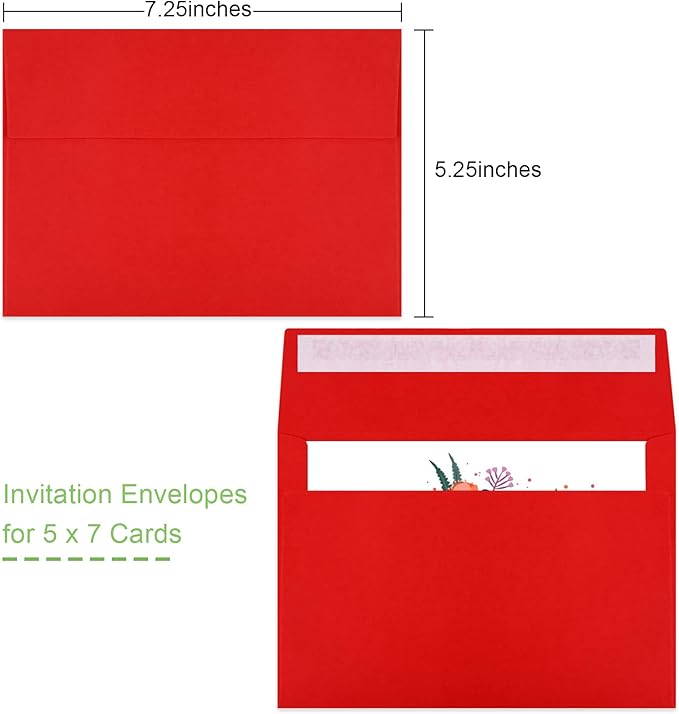 50 Pack 5x7 Envelopes - Self Seal for Weddings, Invitations, Photos, Greeting Cards & Mailing (Red)-DeskLoop Office