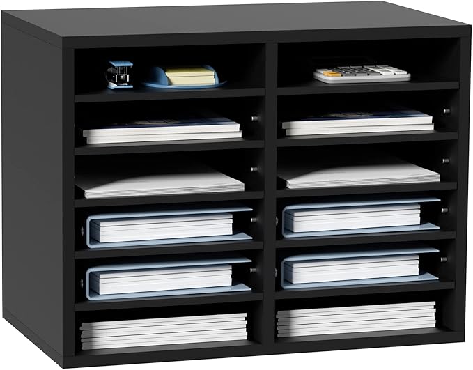 VEVOR Literature Organizers, 12 Compartments Office Mailbox with Adjustable Shelves,Wood Literature sorter 20.4x12x16.1 inches for Office, Home, Classroom, Mailrooms Organization, EPA Certified Black