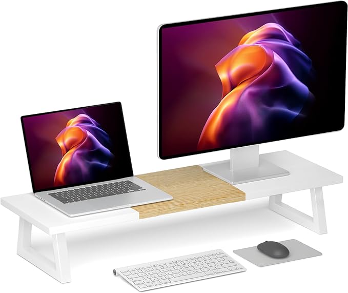 TEAMIX Dual Monitor Riser with Metal Leg, 31.5 inch Long Monitor Stand Riser Wide TV Stand Riser White Monitor Stand for 2 Monitors Wood & Steel Desktop Riser for Home Office Desk Organization-DeskLoop Office