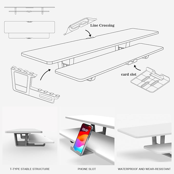 Dual Monitor Stand, 2-Tier Wood Monitor Riser with Storage Organizer and Cable Management, White-DeskLoop Office