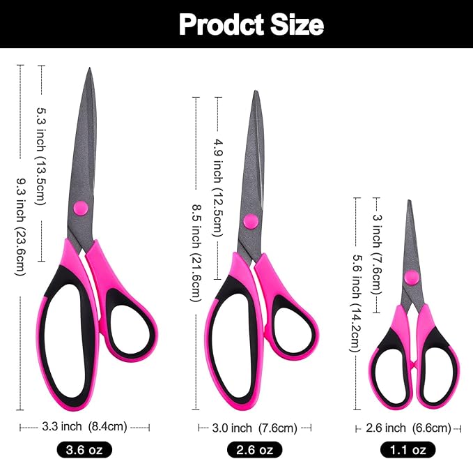 Craft Scissors Set, Sharp Scissors All Purpose Heavy Duty, Teflon Non-stick Titanium Coated, Ergonomic Grip, Ideal for Sewing Fabric DIY&Arts Scrapbook School Office Supplies, 9.3''/8.5''/5.6"-DeskLoop Office