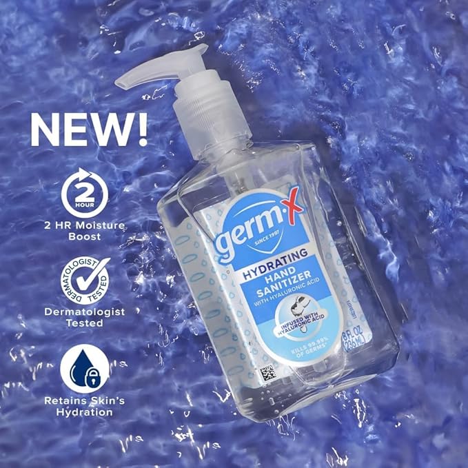 Germ-X Hand Sanitizer, Hydrating with Hyaluronic Acid, 8 Fl Oz Pump (Pack of 6) Instant & No Rinse Formula for All Skin Types, Back to School Supplies, Formulated without Parabens, Phthalates & Dyes-DeskLoop Office
