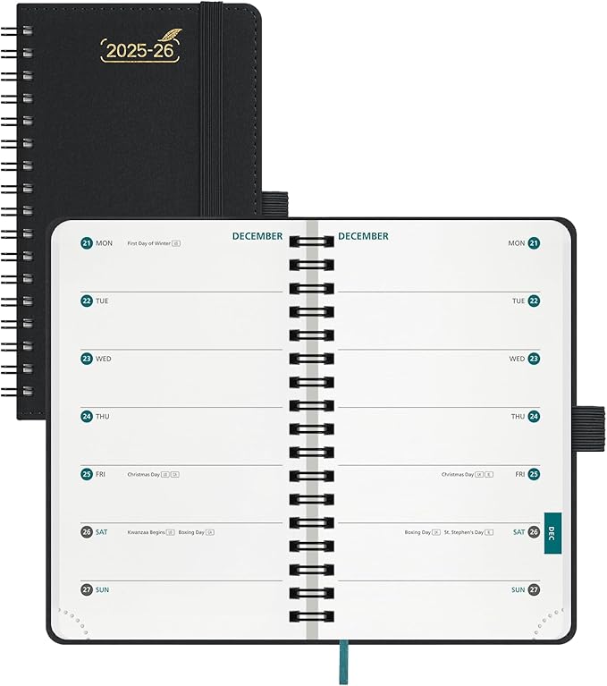 BEZEND Pocket Planner 2025-2026 Weekly with 2 Columns, 18-Month Academic Calendar (Jul 25-Dec 26), Life Work App., Storage Pocket, Pen Holder, PU Leather Softcover 3.5" x 6" Spiral - Black-DeskLoop Office