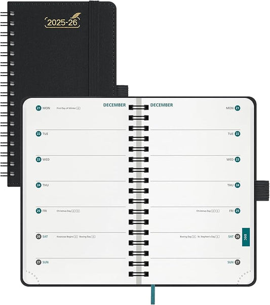 BEZEND Pocket Planner 2025-2026 Weekly with 2 Columns, 18-Month Academic Calendar (Jul 25-Dec 26), Life Work App., Storage Pocket, Pen Holder, PU Leather Softcover 3.5" x 6" Spiral - Black-DeskLoop Office
