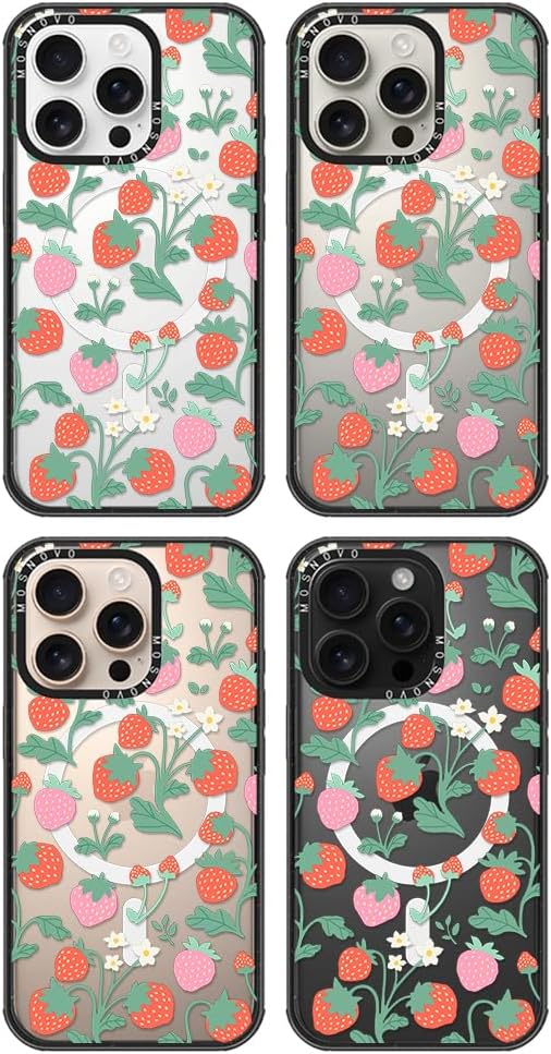 MOSNOVO Magnetic Case for iPhone 16 Pro, 10ft Military-Grade Protection, Compatible with Magsafe, Shockproof Phone Case for iPhone 16 Pro - Strawberry Garden - Clear Black-DeskLoop Office