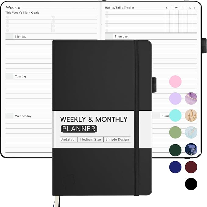 Undated Weekly Planner for 2025, Forvencer Simplified Weekly & Monthly Calendar Planner, Cute Daily Organizer Notebook, Agenda Journal to Track Goals & Tasks, Start Anytime, A5 Size, Black-DeskLoop Office