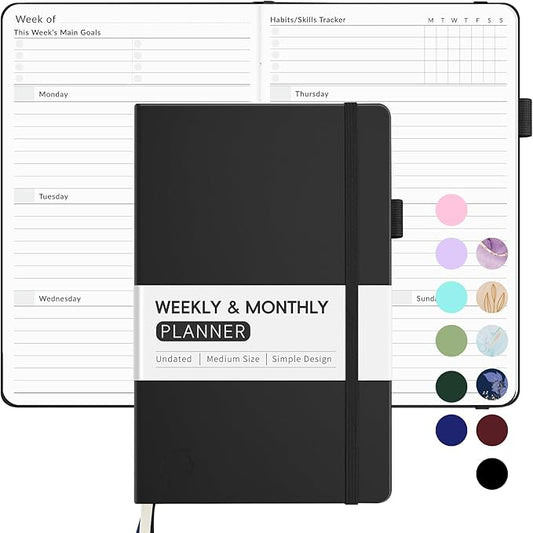 Undated Weekly Planner for 2025, Forvencer Simplified Weekly & Monthly Calendar Planner, Cute Daily Organizer Notebook, Agenda Journal to Track Goals & Tasks, Start Anytime, A5 Size, Black-DeskLoop Office