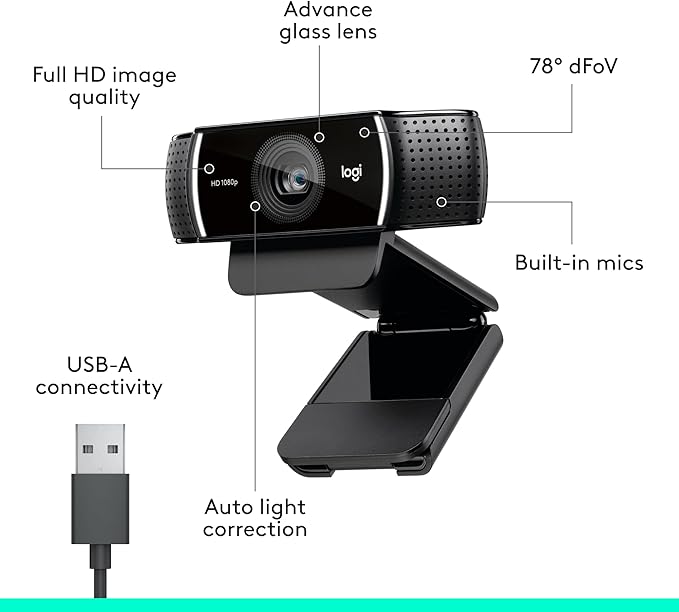 Logitech C922x HD Pro Webcam, Full HD 1080p/60fps Video, Clear Audio, HD Light Correction, PC Camera Webcam, Works with Skype, Zoom, Mac, Tablet - Black-DeskLoop Office